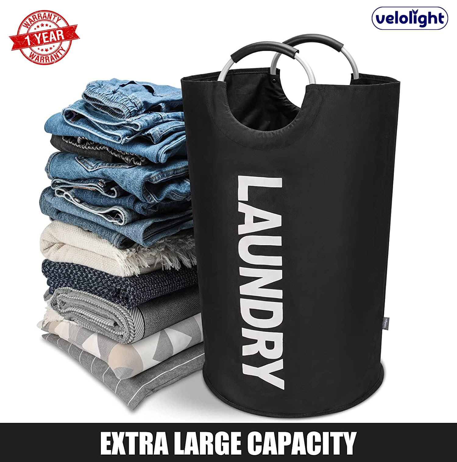 Velolight 82L Large Foldable Laundry Basket With Handles, Waterproof Hamper For Dirty Clothes (72Cm X 38Cm) - Black